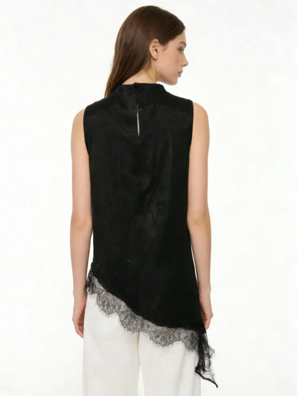 Black Satin Lace Trim Blouse