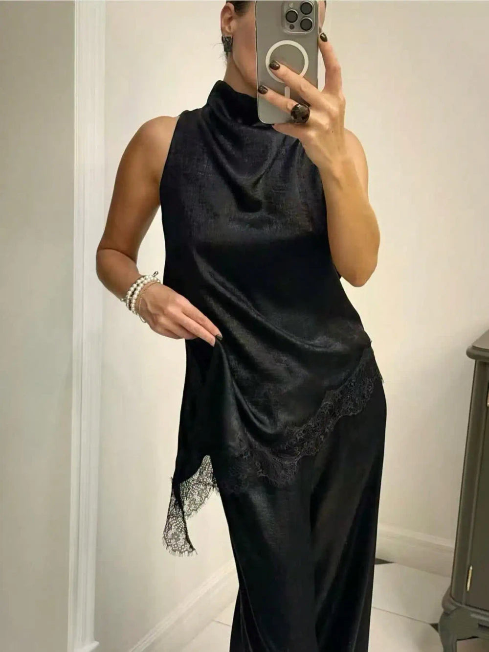 Black Satin Lace Trim Blouse