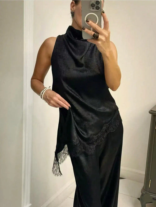 Black Satin Lace Trim Blouse