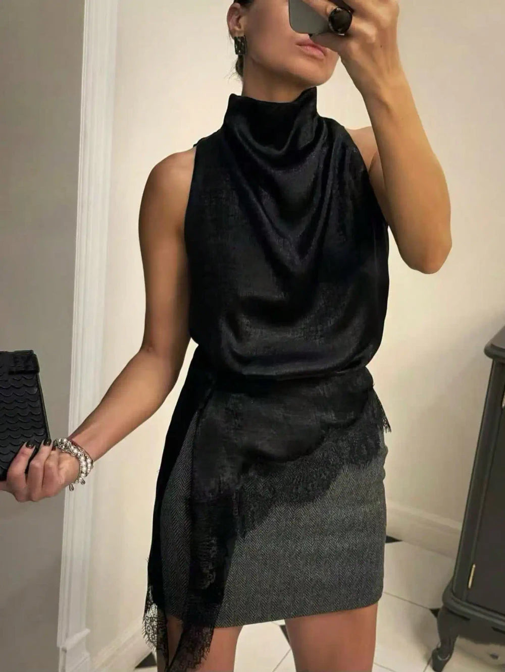 Black Satin Lace Trim Blouse