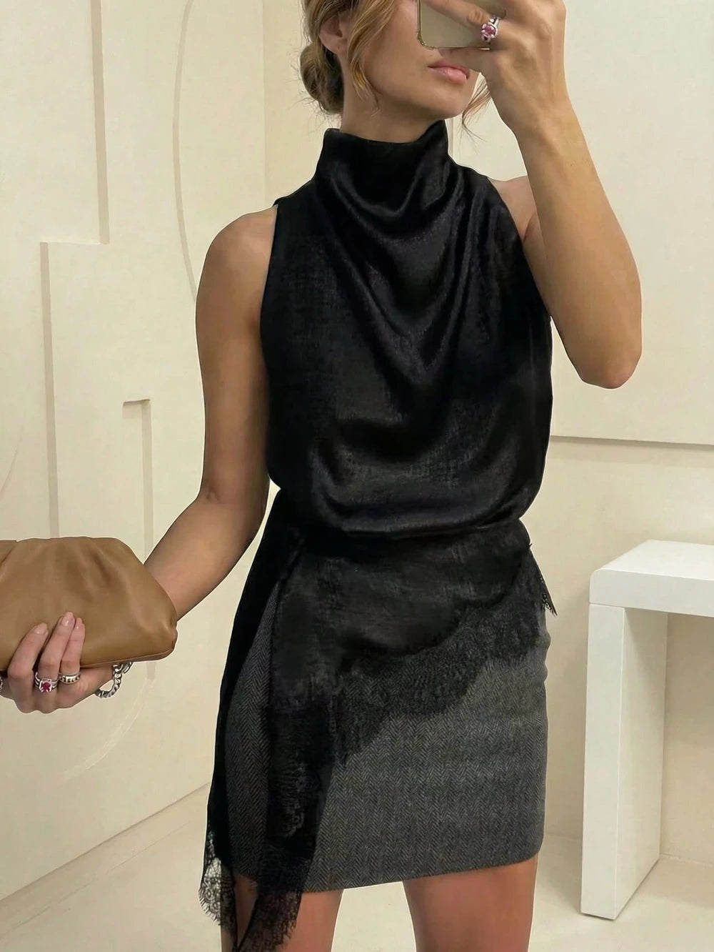 Black Satin Lace Trim Blouse