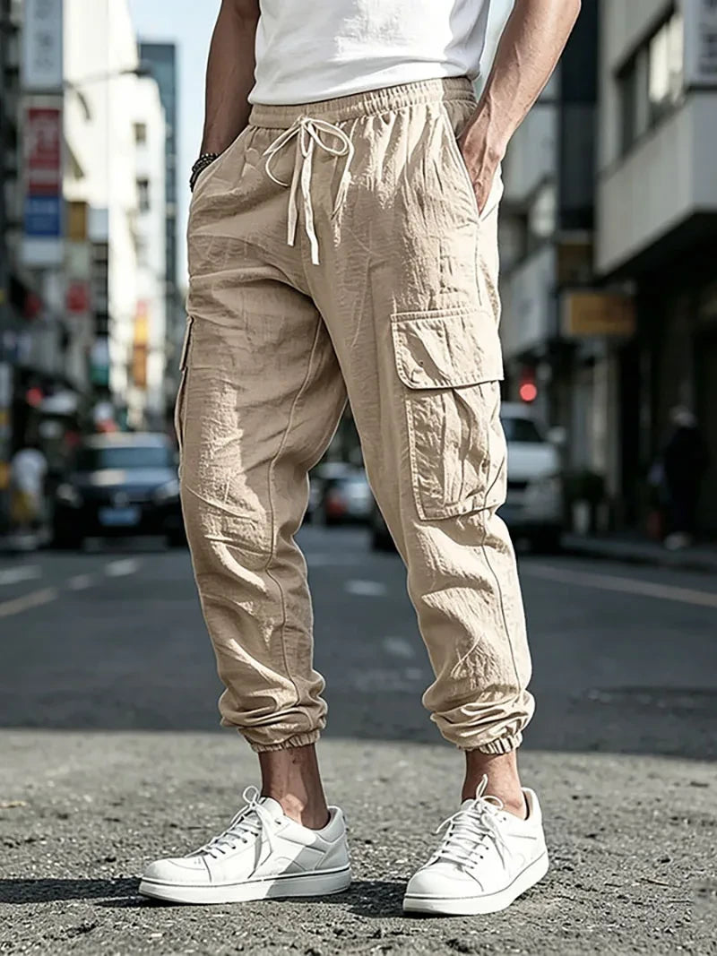 Men's Cotton Linen Cargo Joggers
